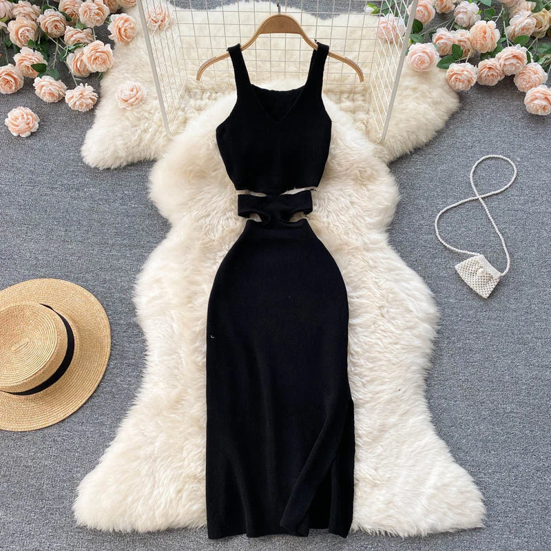 vestido no trico com cintura semi aberta