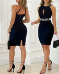 vestido com strass,decote meia taça.